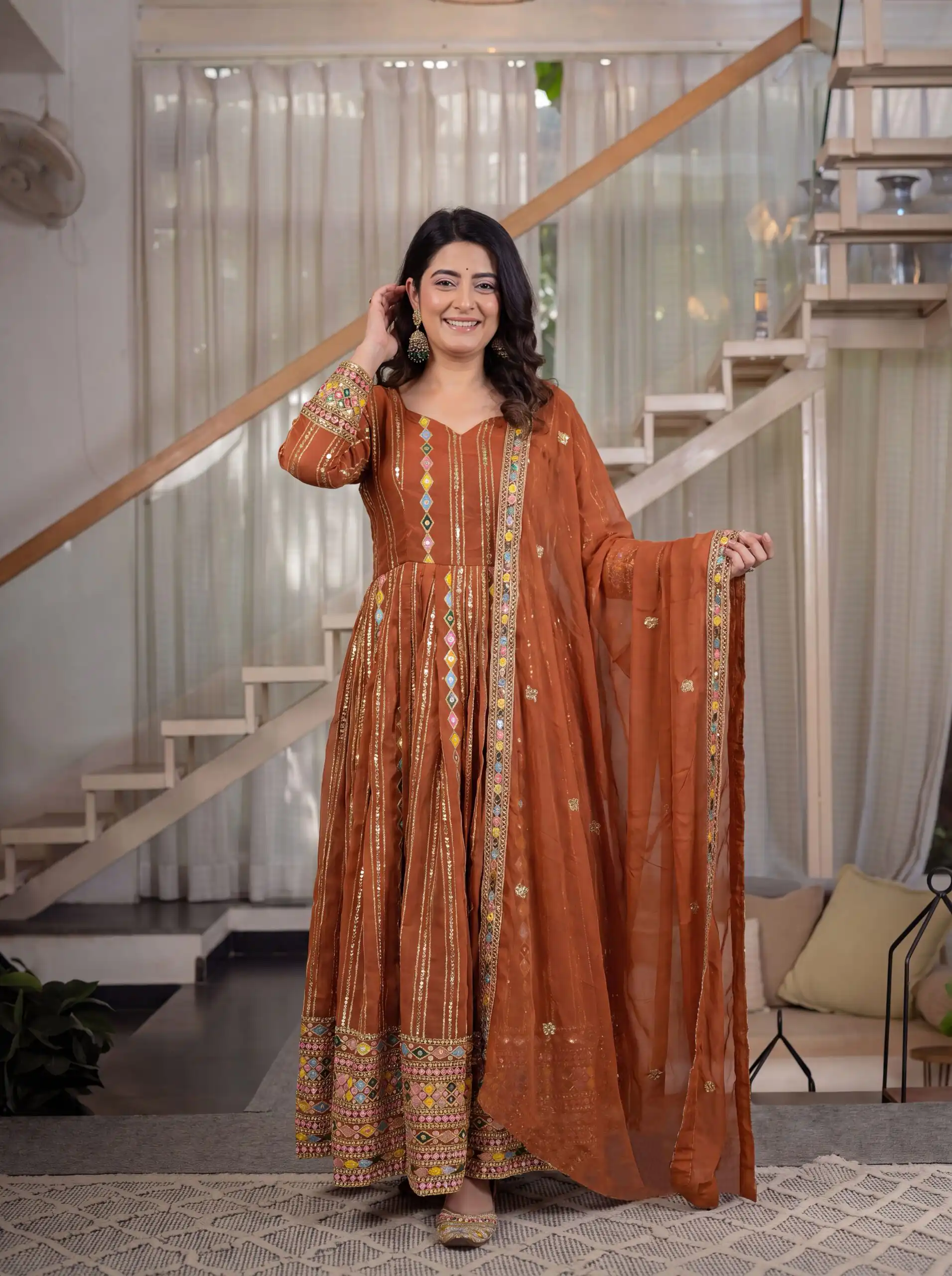 MD 3100 Orange Faux Blooming Gown Perfect for Wedding, Party, Pongal, Raksha Bandhan, Mehendi –. Introductory Price ₹2549. Delivery 4-6 Working Days | Bollywood Gowns, Creative Gowns, Designer Gowns, Embroidered Gowns, Gowns, Party Wear Gowns
