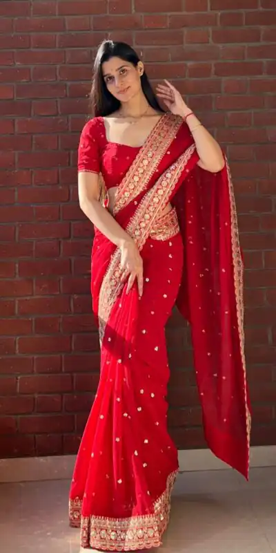 NC 5544 Red Color Georgette Saree with Embroidery Work & Lace Work. Special Price ₹1949. Delivery 4-6 Working Days. Shop now. | Bollywood Sarees, Creative Sarees, Designer Sarees, Embroidered Sarees, Ethnic Saree, Modern Digital sarees, Party Wear Sarees, Sarees