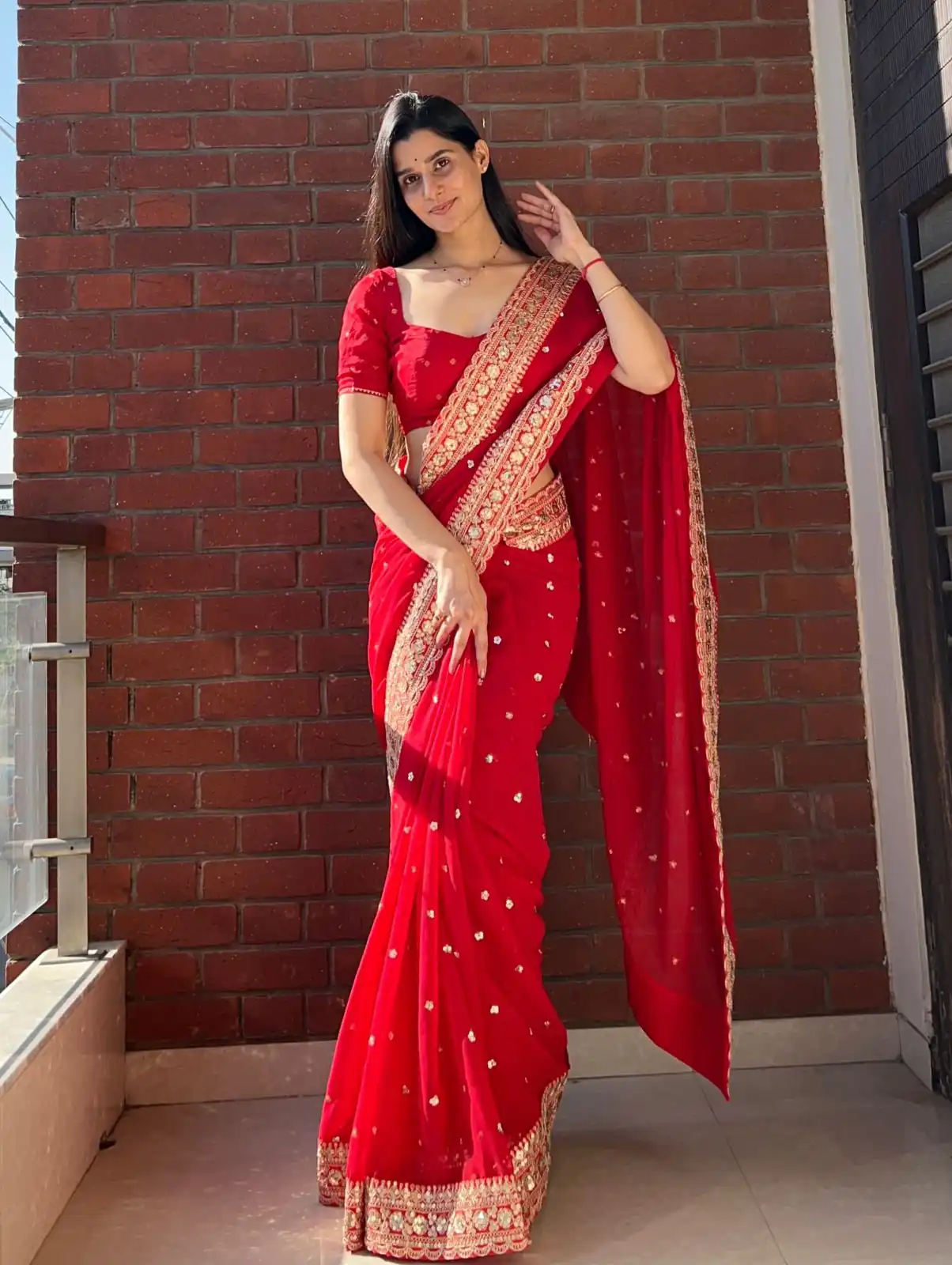 NC 5544 Red Color Georgette Saree with Embroidery Work & Lace Work. Special Price ₹1949. Delivery 4-6 Working Days. Shop now. | Bollywood Sarees, Creative Sarees, Designer Sarees, Embroidered Sarees, Ethnic Saree, Modern Digital sarees, Party Wear Sarees, Sarees