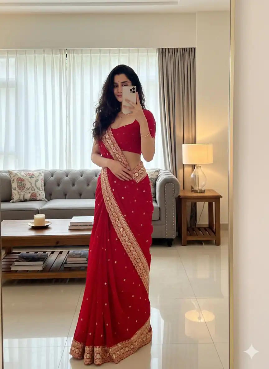 NC 5544 Red Color Georgette Saree with Embroidery Work & Lace Work. Special Price ₹1949. Delivery 4-6 Working Days. Shop now. | Bollywood Sarees, Creative Sarees, Designer Sarees, Embroidered Sarees, Ethnic Saree, Modern Digital sarees, Party Wear Sarees, Sarees