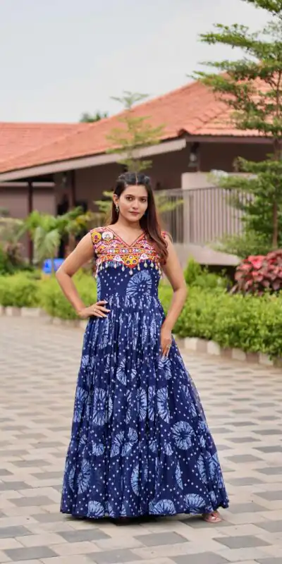Ram 116 Blue Green Faux Georgette Mirror Work Gown Mirror Work Gown in Faux Georgette. Delivery 4-6 Working Days. Shop now. | Bollywood Gowns, Creative Gowns, Designer Gowns, Embroidered Gowns, Gowns, Party Wear Gowns