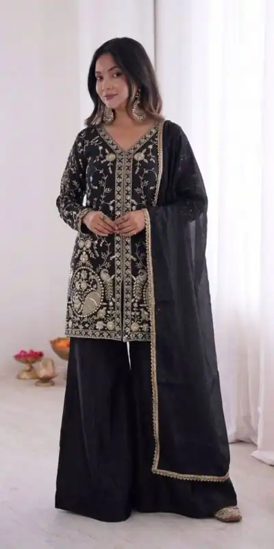 JF 043 Black Pure Fendy Silk Salwar Suitwith Embroidery Work & Sequins Work. Exclusive Offer ₹1940. Delivery 4-6 Working Days. Shop now. | Jump Suits, Straight Suits, Casual Suits, Creative suits, Designer Suits, Palazzo Suits, Party Wear Suits, Patiala Suits, Salwar suit