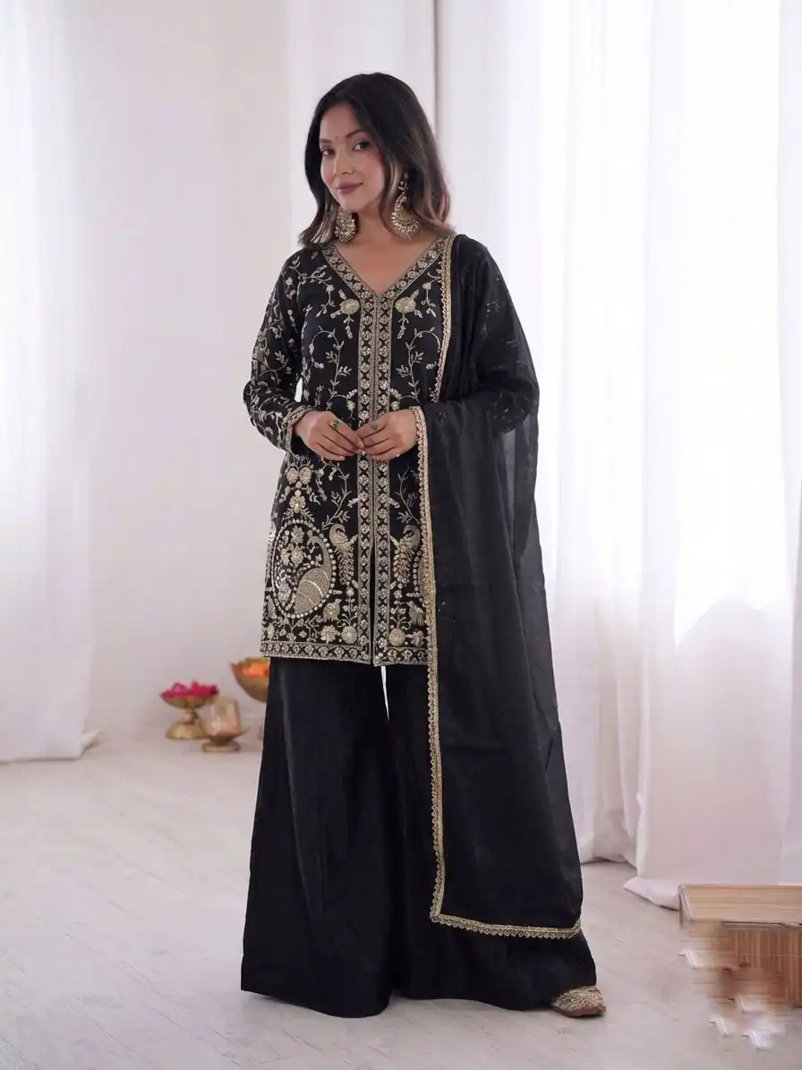 JF 043 Black Pure Fendy Silk Salwar Suitwith Embroidery Work & Sequins Work. Exclusive Offer ₹1940. Delivery 4-6 Working Days. Shop now. | Jump Suits, Straight Suits, Casual Suits, Creative suits, Designer Suits, Palazzo Suits, Party Wear Suits, Patiala Suits, Salwar suit