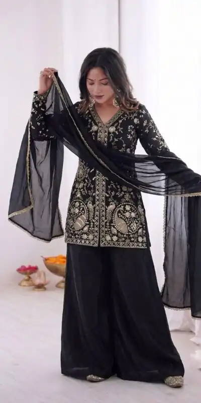 JF 043 Black Pure Fendy Silk Salwar Suitwith Embroidery Work & Sequins Work. Exclusive Offer ₹1940. Delivery 4-6 Working Days. Shop now. | Jump Suits, Straight Suits, Casual Suits, Creative suits, Designer Suits, Palazzo Suits, Party Wear Suits, Patiala Suits, Salwar suit