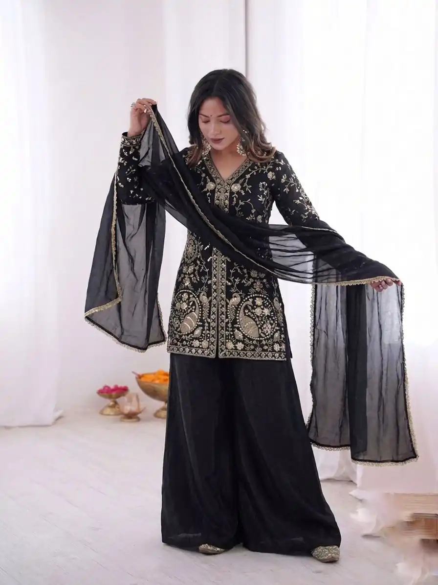 JF 043 Black Pure Fendy Silk Salwar Suitwith Embroidery Work & Sequins Work. Exclusive Offer ₹1940. Delivery 4-6 Working Days. Shop now. | Jump Suits, Straight Suits, Casual Suits, Creative suits, Designer Suits, Palazzo Suits, Party Wear Suits, Patiala Suits, Salwar suit