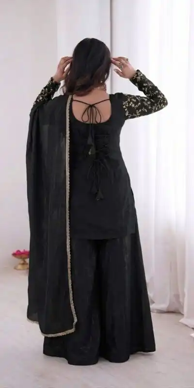 JF 043 Black Pure Fendy Silk Salwar Suitwith Embroidery Work & Sequins Work. Exclusive Offer ₹1940. Delivery 4-6 Working Days. Shop now. | Jump Suits, Straight Suits, Casual Suits, Creative suits, Designer Suits, Palazzo Suits, Party Wear Suits, Patiala Suits, Salwar suit