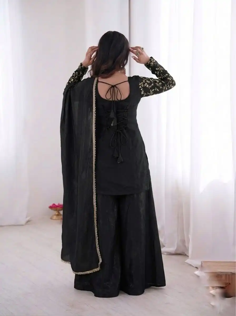 JF 043 Black Pure Fendy Silk Salwar Suitwith Embroidery Work & Sequins Work. Exclusive Offer ₹1940. Delivery 4-6 Working Days. Shop now. | Jump Suits, Straight Suits, Casual Suits, Creative suits, Designer Suits, Palazzo Suits, Party Wear Suits, Patiala Suits, Salwar suit