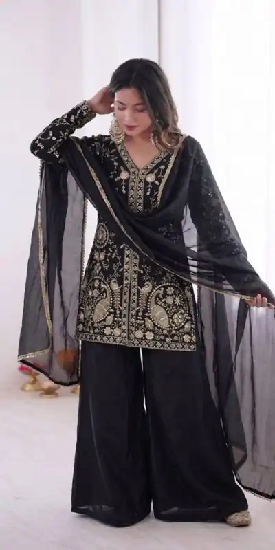 JF 043 Black Pure Fendy Silk Salwar Suitwith Embroidery Work & Sequins Work. Exclusive Offer ₹1940. Delivery 4-6 Working Days. Shop now. | Jump Suits, Straight Suits, Casual Suits, Creative suits, Designer Suits, Palazzo Suits, Party Wear Suits, Patiala Suits, Salwar suit