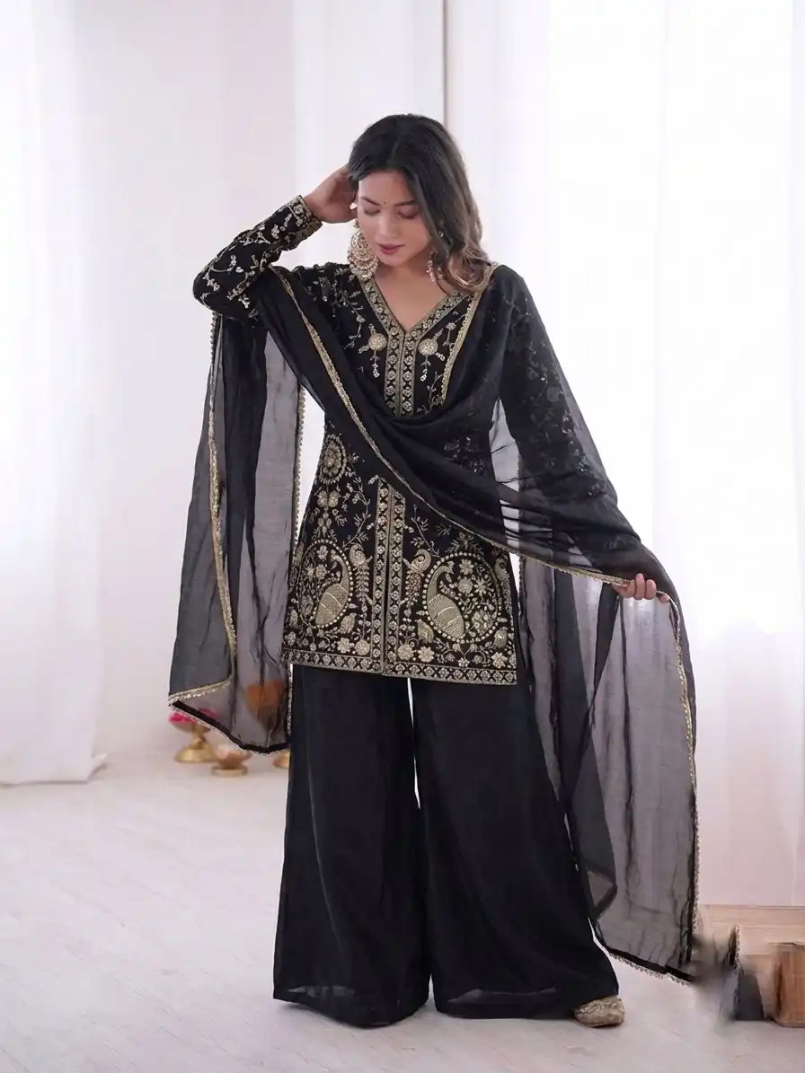 JF 043 Black Pure Fendy Silk Salwar Suitwith Embroidery Work & Sequins Work. Exclusive Offer ₹1940. Delivery 4-6 Working Days. Shop now. | Jump Suits, Straight Suits, Casual Suits, Creative suits, Designer Suits, Palazzo Suits, Party Wear Suits, Patiala Suits, Salwar suit
