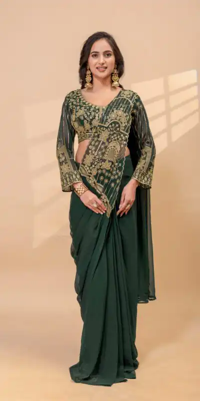 ST 1172 Green Faux Georgette Saree with Embroidery Work & Bead Work. Now at just ₹1849. Delivery 4-6 Working Days. Shop now. | Bollywood Sarees, Creative Sarees, Designer Sarees, Embroidered Sarees, Ethnic Saree, Modern Digital sarees, Party Wear Sarees, Sarees