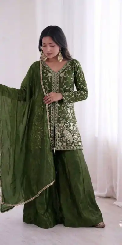 JF 043 Green Pure Fendy Silk Salwar Suitwith Embroidery Work & Sequins Work. Exclusive Offer ₹1940. Delivery 4-6 Working Days. Shop now. | Jump Suits, Straight Suits, Casual Suits, Creative suits, Designer Suits, Palazzo Suits, Party Wear Suits, Patiala Suits, Salwar suit