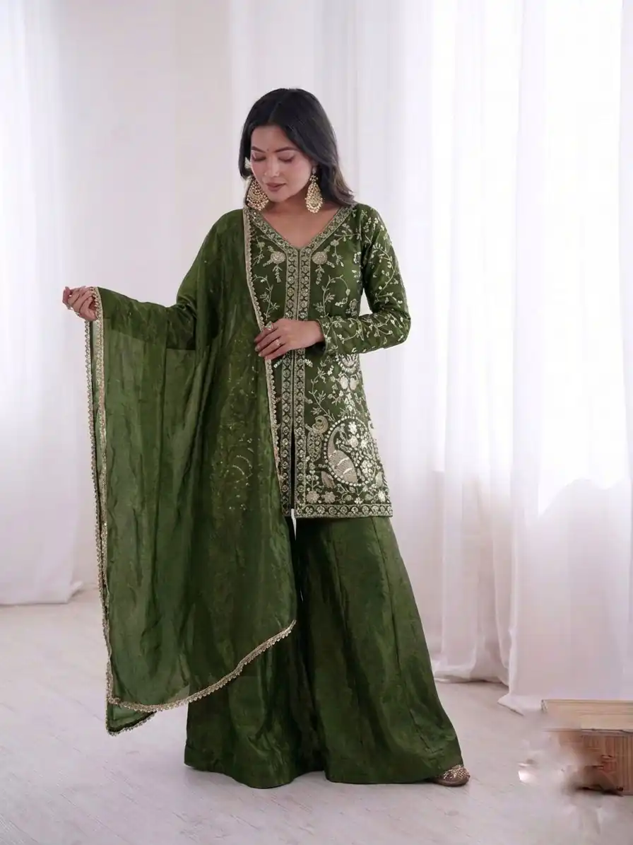 JF 043 Green Pure Fendy Silk Salwar Suitwith Embroidery Work & Sequins Work. Exclusive Offer ₹1940. Delivery 4-6 Working Days. Shop now. | Jump Suits, Straight Suits, Casual Suits, Creative suits, Designer Suits, Palazzo Suits, Party Wear Suits, Patiala Suits, Salwar suit