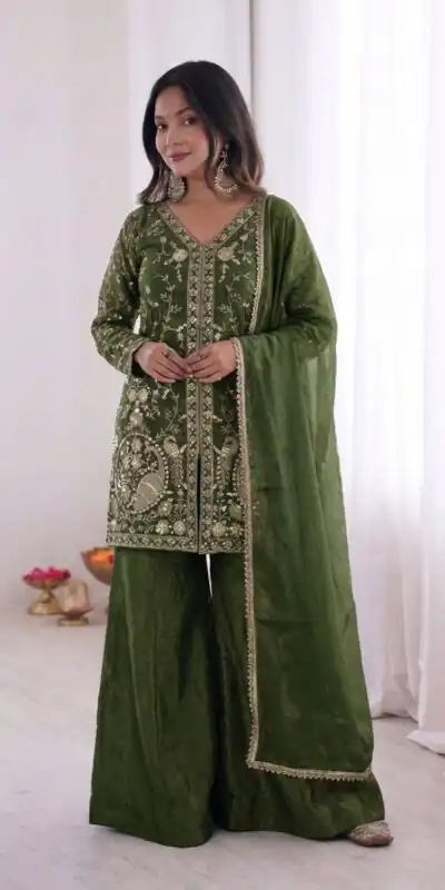 JF 043 Green Pure Fendy Silk Salwar Suitwith Embroidery Work & Sequins Work. Exclusive Offer ₹1940. Delivery 4-6 Working Days. Shop now. | Jump Suits, Straight Suits, Casual Suits, Creative suits, Designer Suits, Palazzo Suits, Party Wear Suits, Patiala Suits, Salwar suit