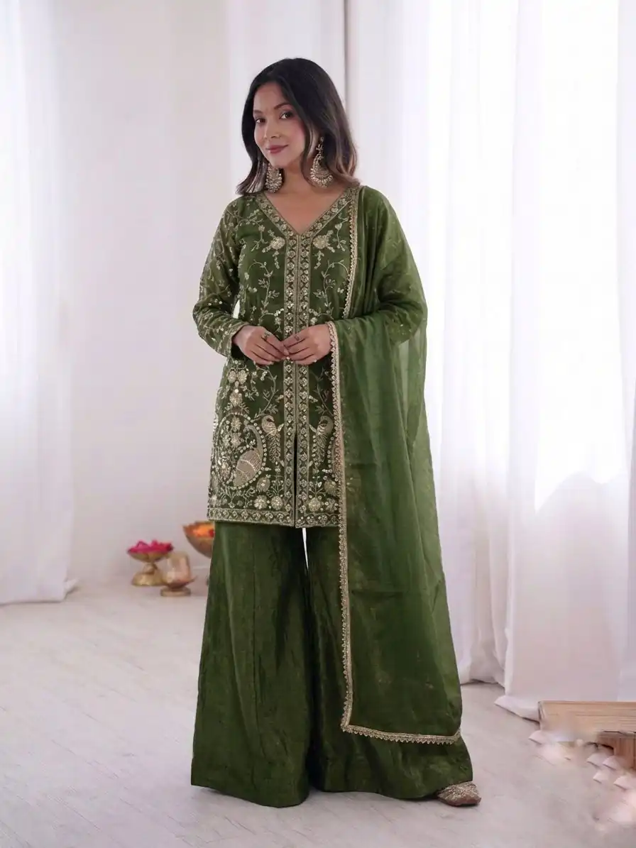 JF 043 Green Pure Fendy Silk Salwar Suitwith Embroidery Work & Sequins Work. Exclusive Offer ₹1940. Delivery 4-6 Working Days. Shop now. | Jump Suits, Straight Suits, Casual Suits, Creative suits, Designer Suits, Palazzo Suits, Party Wear Suits, Patiala Suits, Salwar suit