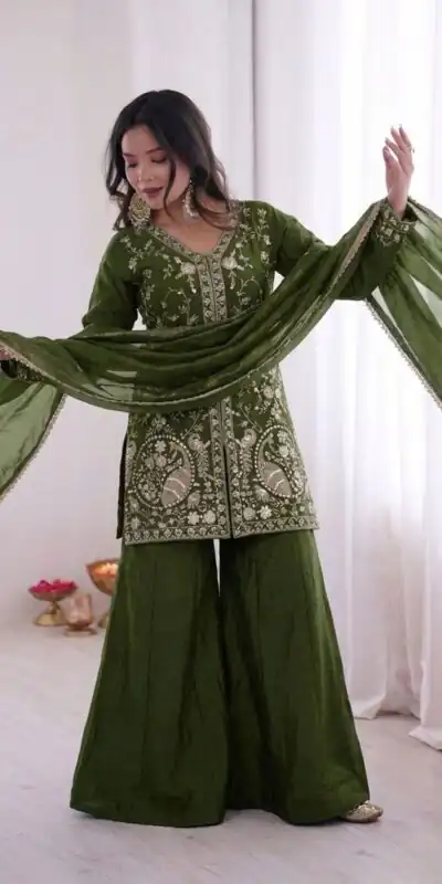 JF 043 Green Pure Fendy Silk Salwar Suitwith Embroidery Work & Sequins Work. Exclusive Offer ₹1940. Delivery 4-6 Working Days. Shop now. | Jump Suits, Straight Suits, Casual Suits, Creative suits, Designer Suits, Palazzo Suits, Party Wear Suits, Patiala Suits, Salwar suit