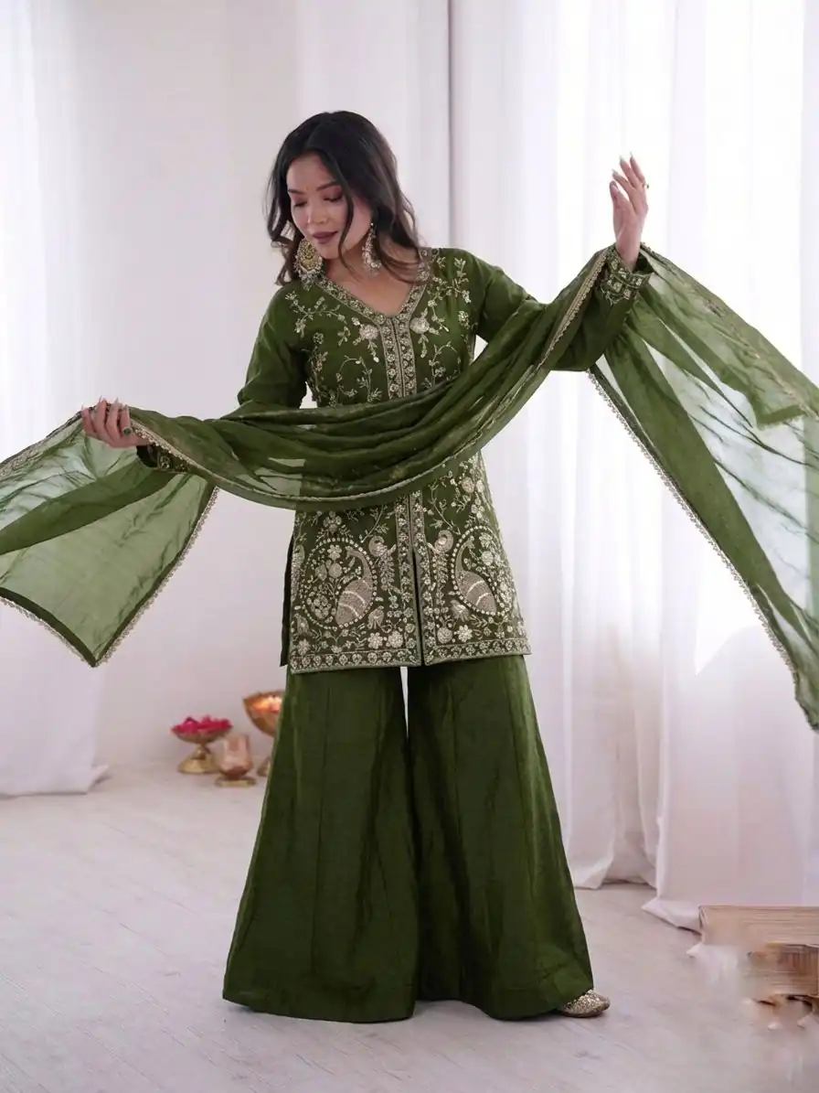JF 043 Green Pure Fendy Silk Salwar Suitwith Embroidery Work & Sequins Work. Exclusive Offer ₹1940. Delivery 4-6 Working Days. Shop now. | Jump Suits, Straight Suits, Casual Suits, Creative suits, Designer Suits, Palazzo Suits, Party Wear Suits, Patiala Suits, Salwar suit