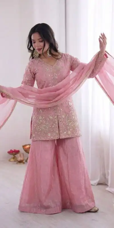 JF 043 Light Pink Pure Fendy Silk Salwar Suitwith Embroidery Work & Sequins Work. Exclusive Offer ₹1940. Delivery 4-6 Working Days. Shop now. | Jump Suits, Straight Suits, Casual Suits, Creative suits, Designer Suits, Palazzo Suits, Party Wear Suits, Patiala Suits, Salwar suit