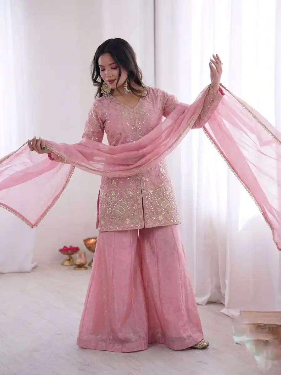 JF 043 Light Pink Pure Fendy Silk Salwar Suitwith Embroidery Work & Sequins Work. Exclusive Offer ₹1940. Delivery 4-6 Working Days. Shop now. | Jump Suits, Straight Suits, Casual Suits, Creative suits, Designer Suits, Palazzo Suits, Party Wear Suits, Patiala Suits, Salwar suit