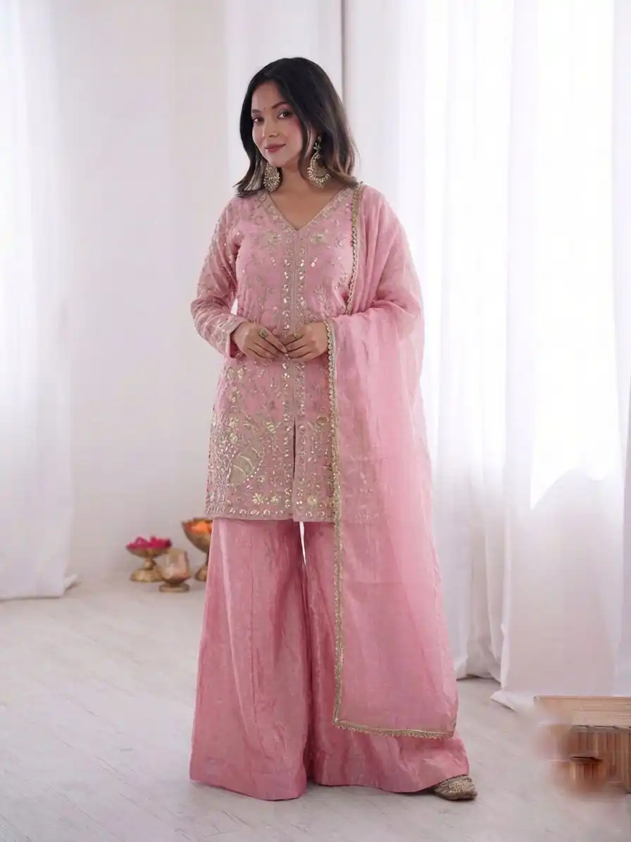 JF 043 Light Pink Pure Fendy Silk Salwar Suitwith Embroidery Work & Sequins Work. Exclusive Offer ₹1940. Delivery 4-6 Working Days. Shop now. | Jump Suits, Straight Suits, Casual Suits, Creative suits, Designer Suits, Palazzo Suits, Party Wear Suits, Patiala Suits, Salwar suit
