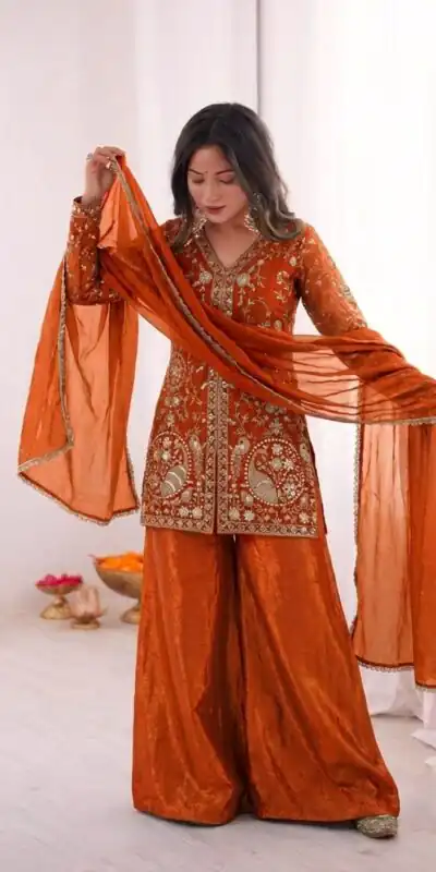 JF 043 Orange Pure Fendy Silk Salwar Suitwith Embroidery Work & Sequins Work. Exclusive Offer ₹1940. Delivery 4-6 Working Days. Shop now. | Jump Suits, Straight Suits, Casual Suits, Creative suits, Designer Suits, Palazzo Suits, Party Wear Suits, Patiala Suits, Salwar suit