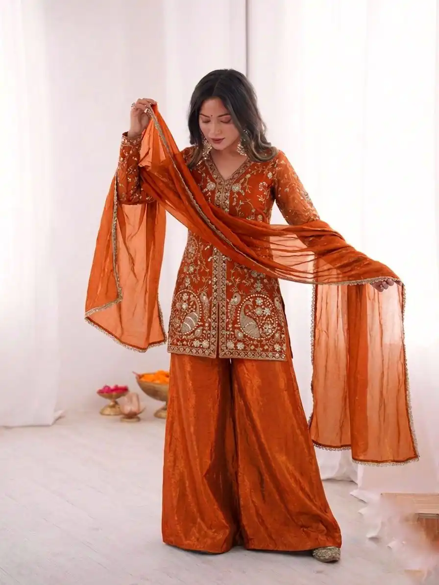 JF 043 Orange Pure Fendy Silk Salwar Suitwith Embroidery Work & Sequins Work. Exclusive Offer ₹1940. Delivery 4-6 Working Days. Shop now. | Jump Suits, Straight Suits, Casual Suits, Creative suits, Designer Suits, Palazzo Suits, Party Wear Suits, Patiala Suits, Salwar suit