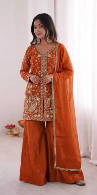 JF 043 Orange Pure Fendy Silk Salwar Suitwith Embroidery Work & Sequins Work. Exclusive Offer ₹1940. Delivery 4-6 Working Days. Shop now. | Jump Suits, Straight Suits, Casual Suits, Creative suits, Designer Suits, Palazzo Suits, Party Wear Suits, Patiala Suits, Salwar suit