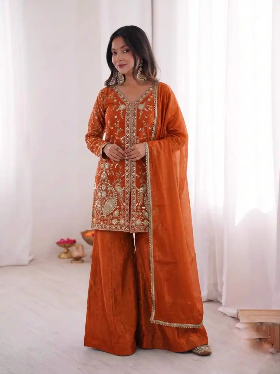 JF 043 Orange Pure Fendy Silk Salwar Suitwith Embroidery Work & Sequins Work. Exclusive Offer ₹1940. Delivery 4-6 Working Days. Shop now. | Jump Suits, Straight Suits, Casual Suits, Creative suits, Designer Suits, Palazzo Suits, Party Wear Suits, Patiala Suits, Salwar suit