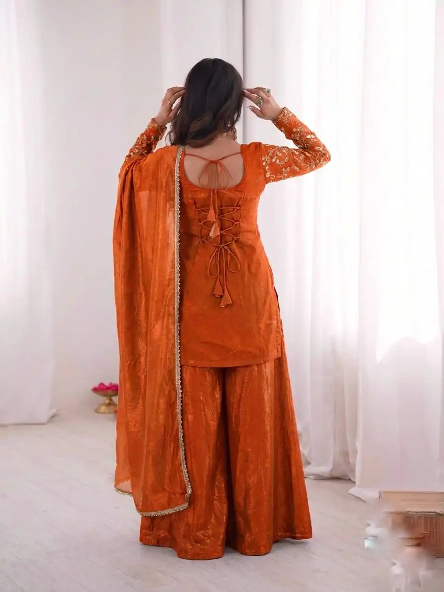 JF 043 Orange Pure Fendy Silk Salwar Suitwith Embroidery Work & Sequins Work. Exclusive Offer ₹1940. Delivery 4-6 Working Days. Shop now. | Jump Suits, Straight Suits, Casual Suits, Creative suits, Designer Suits, Palazzo Suits, Party Wear Suits, Patiala Suits, Salwar suit