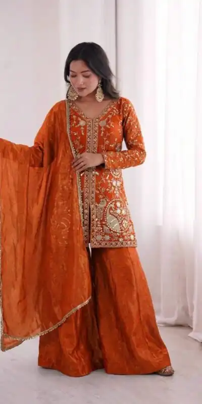 JF 043 Orange Pure Fendy Silk Salwar Suitwith Embroidery Work & Sequins Work. Exclusive Offer ₹1940. Delivery 4-6 Working Days. Shop now. | Jump Suits, Straight Suits, Casual Suits, Creative suits, Designer Suits, Palazzo Suits, Party Wear Suits, Patiala Suits, Salwar suit