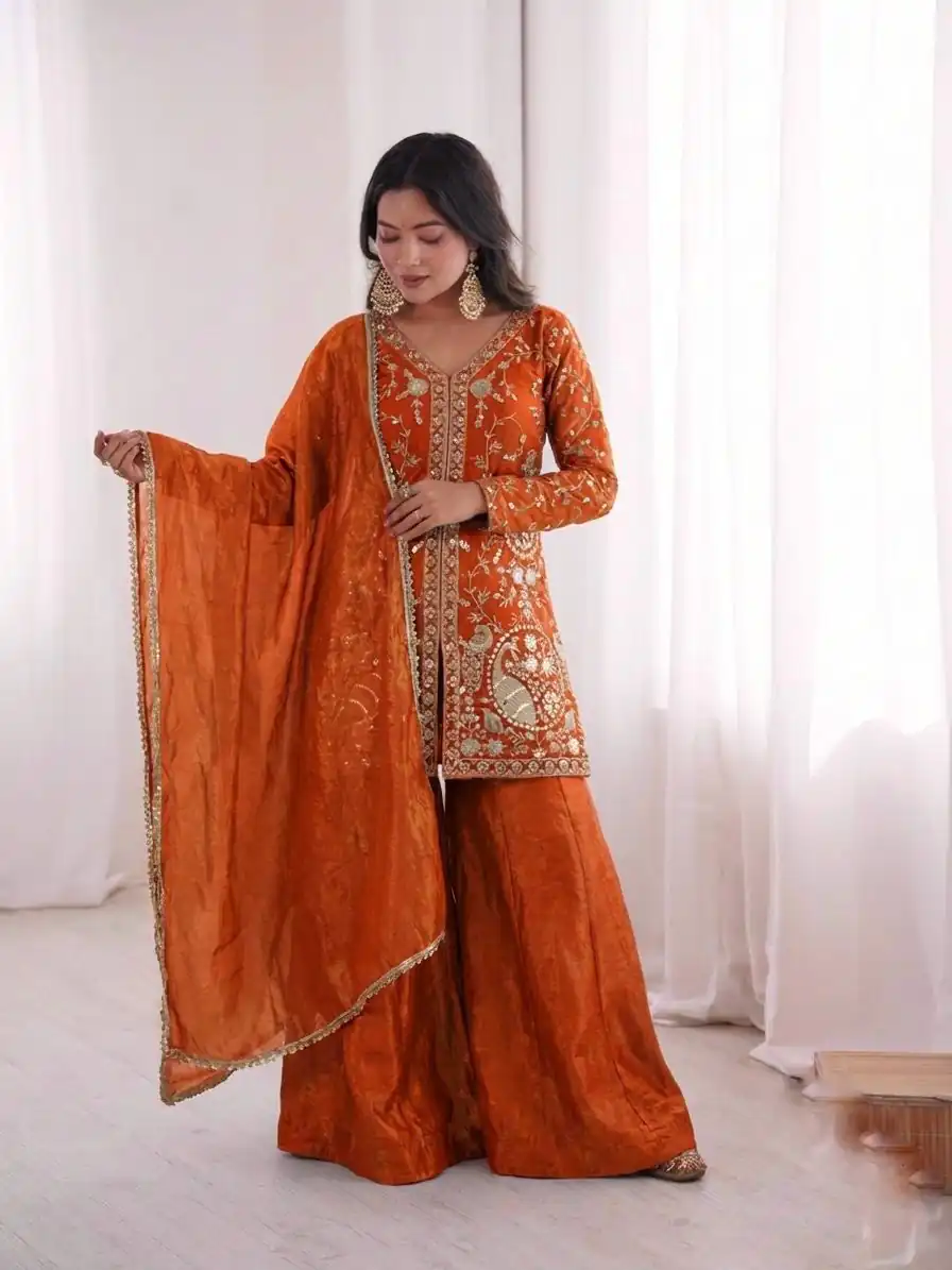 JF 043 Orange Pure Fendy Silk Salwar Suitwith Embroidery Work & Sequins Work. Exclusive Offer ₹1940. Delivery 4-6 Working Days. Shop now. | Jump Suits, Straight Suits, Casual Suits, Creative suits, Designer Suits, Palazzo Suits, Party Wear Suits, Patiala Suits, Salwar suit