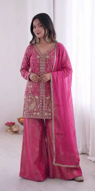 JF 043 Rani Pink Pure Fendy Silk Salwar Suitwith Embroidery Work & Sequins Work. Exclusive Offer ₹1940. Delivery 4-6 Working Days. Shop now. | Jump Suits, Straight Suits, Casual Suits, Creative suits, Designer Suits, Palazzo Suits, Party Wear Suits, Patiala Suits, Salwar suit