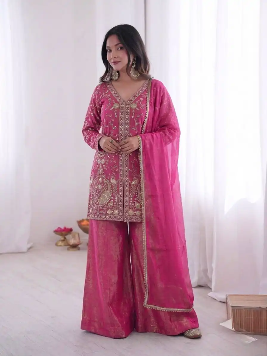 JF 043 Rani Pink Pure Fendy Silk Salwar Suitwith Embroidery Work & Sequins Work. Exclusive Offer ₹1940. Delivery 4-6 Working Days. Shop now. | Jump Suits, Straight Suits, Casual Suits, Creative suits, Designer Suits, Palazzo Suits, Party Wear Suits, Patiala Suits, Salwar suit