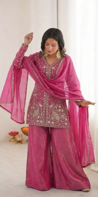 JF 043 Rani Pink Pure Fendy Silk Salwar Suitwith Embroidery Work & Sequins Work. Exclusive Offer ₹1940. Delivery 4-6 Working Days. Shop now. | Jump Suits, Straight Suits, Casual Suits, Creative suits, Designer Suits, Palazzo Suits, Party Wear Suits, Patiala Suits, Salwar suit