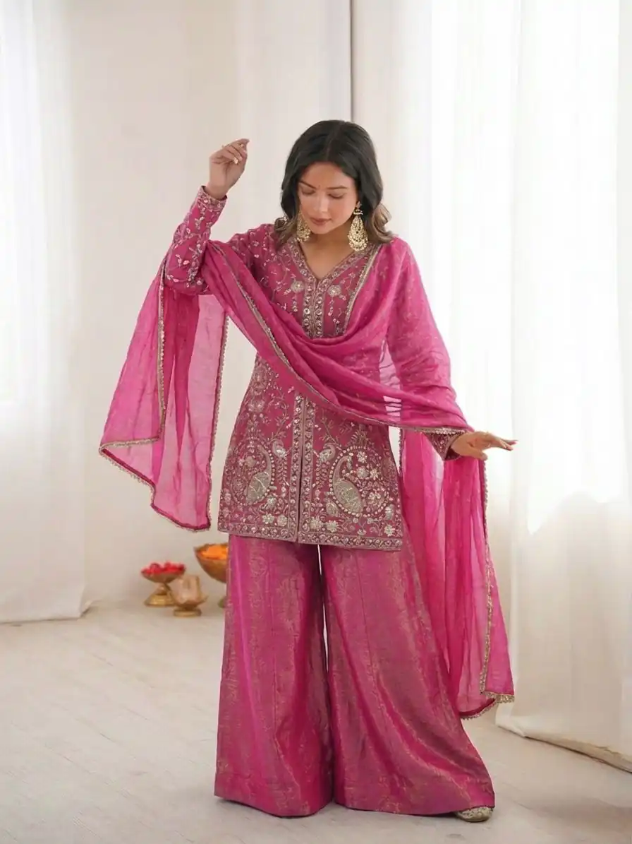 JF 043 Rani Pink Pure Fendy Silk Salwar Suitwith Embroidery Work & Sequins Work. Exclusive Offer ₹1940. Delivery 4-6 Working Days. Shop now. | Jump Suits, Straight Suits, Casual Suits, Creative suits, Designer Suits, Palazzo Suits, Party Wear Suits, Patiala Suits, Salwar suit
