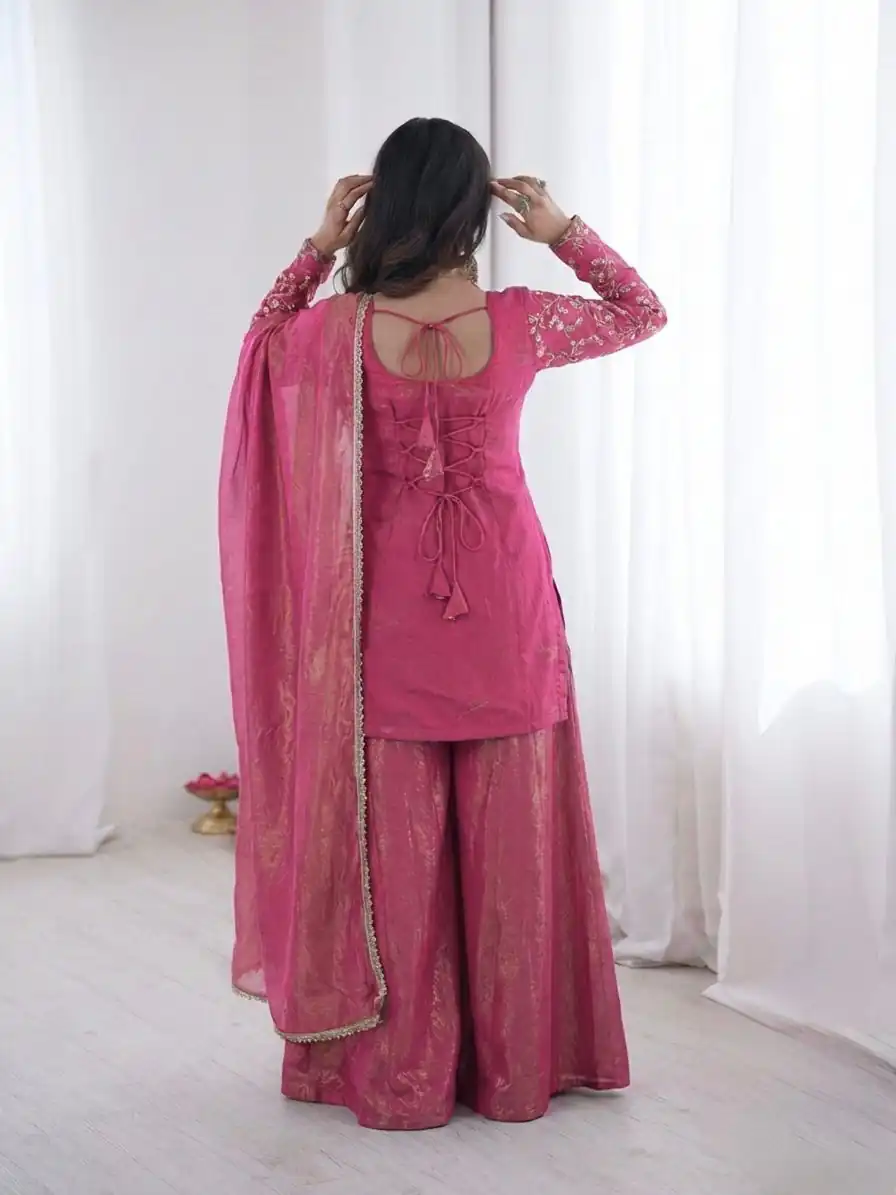 JF 043 Rani Pink Pure Fendy Silk Salwar Suitwith Embroidery Work & Sequins Work. Exclusive Offer ₹1940. Delivery 4-6 Working Days. Shop now. | Jump Suits, Straight Suits, Casual Suits, Creative suits, Designer Suits, Palazzo Suits, Party Wear Suits, Patiala Suits, Salwar suit