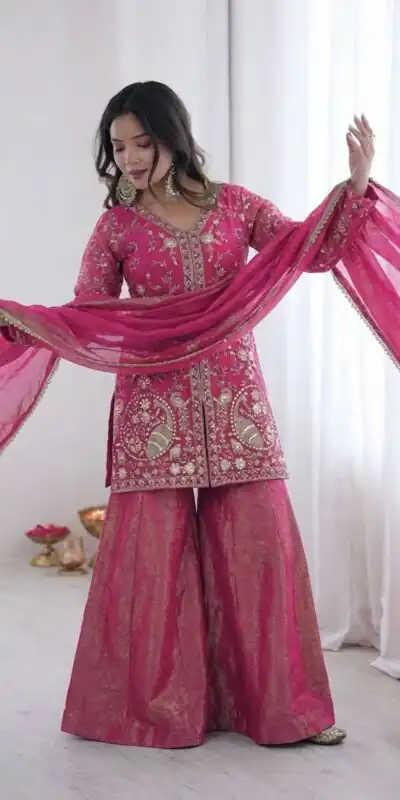 JF 043 Rani Pink Pure Fendy Silk Salwar Suitwith Embroidery Work & Sequins Work. Exclusive Offer ₹1940. Delivery 4-6 Working Days. Shop now. | Jump Suits, Straight Suits, Casual Suits, Creative suits, Designer Suits, Palazzo Suits, Party Wear Suits, Patiala Suits, Salwar suit