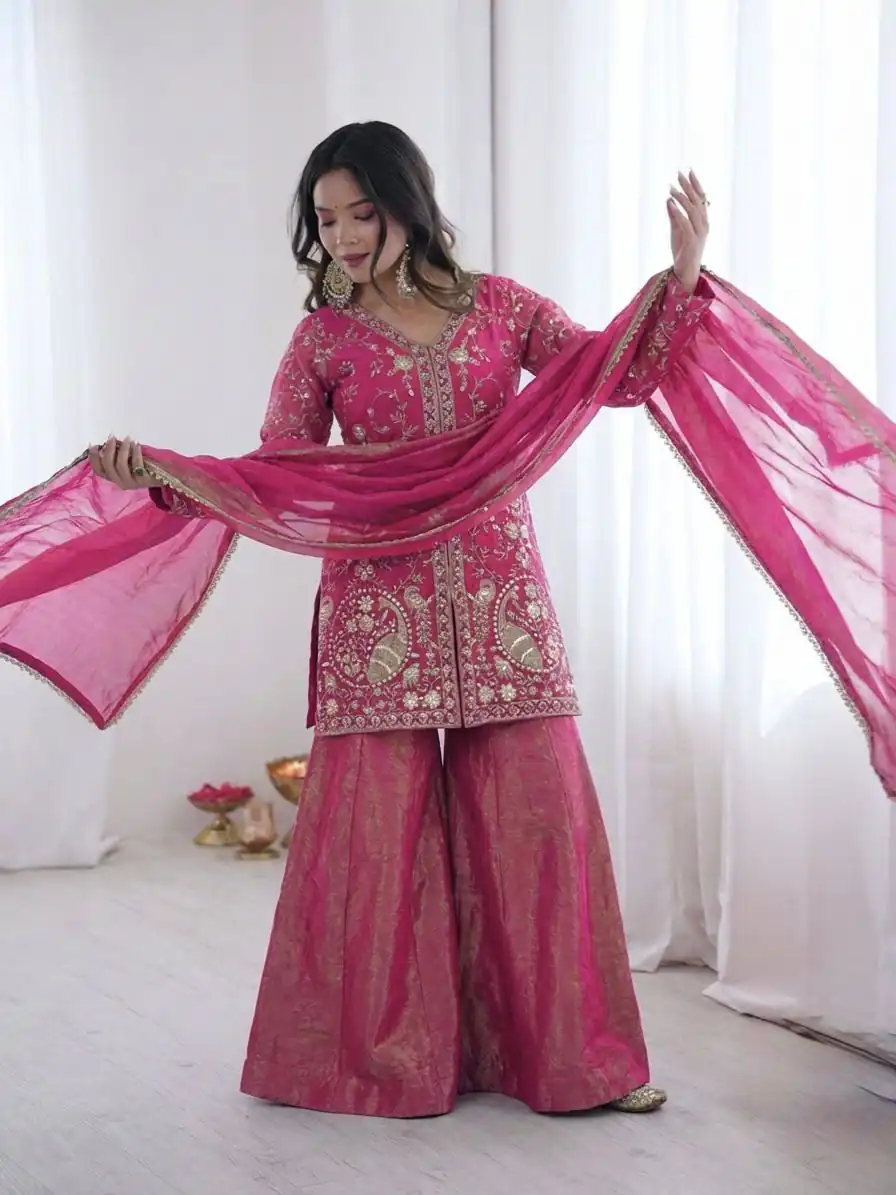 JF 043 Rani Pink Pure Fendy Silk Salwar Suitwith Embroidery Work & Sequins Work. Exclusive Offer ₹1940. Delivery 4-6 Working Days. Shop now. | Jump Suits, Straight Suits, Casual Suits, Creative suits, Designer Suits, Palazzo Suits, Party Wear Suits, Patiala Suits, Salwar suit