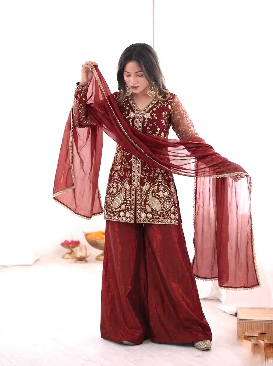 JF 043 Rust Pure Fendy Silk Salwar Suitwith Embroidery Work & Sequins Work. Exclusive Offer ₹1940. Delivery 4-6 Working Days. Shop now. | Jump Suits, Straight Suits, Casual Suits, Creative suits, Designer Suits, Palazzo Suits, Party Wear Suits, Patiala Suits, Salwar suit