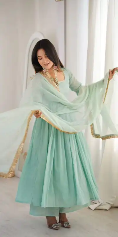 ZF 5020 Sea Green Sea Green Heavy Faux ⁠ Gown with Lace Border & Lace Work. Festive Deal ₹2099. Delivery 4-6 Working Days. Shop now. | Bollywood Gowns, Creative Gowns, Designer Gowns, Embroidered Gowns, Gowns, Party Wear Gowns