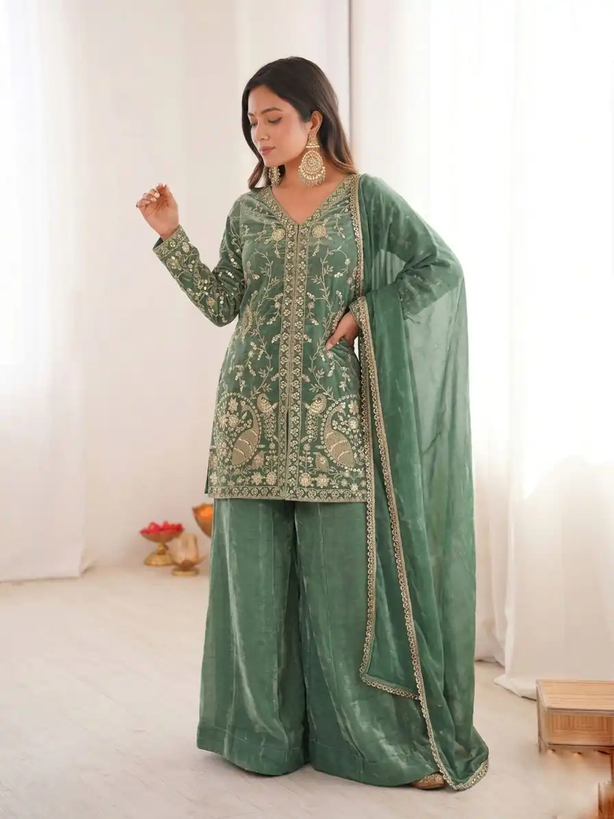 JF 043 Sea Green Pure Fendy Silk Salwar Suitwith Embroidery Work & Sequins Work. Exclusive Offer ₹1940. Delivery 4-6 Working Days. Shop now. | Jump Suits, Straight Suits, Casual Suits, Creative suits, Designer Suits, Palazzo Suits, Party Wear Suits, Patiala Suits, Salwar suit