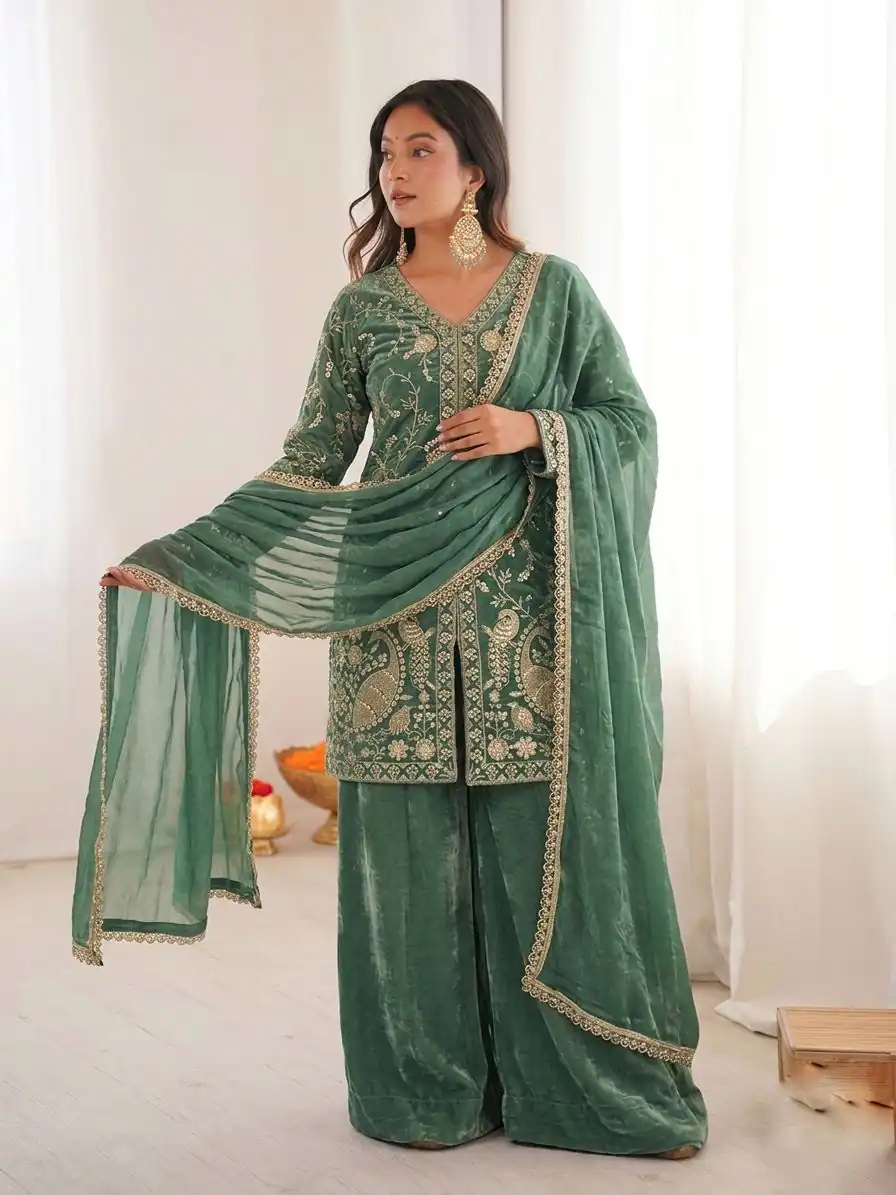 JF 043 Sea Green Pure Fendy Silk Salwar Suitwith Embroidery Work & Sequins Work. Exclusive Offer ₹1940. Delivery 4-6 Working Days. Shop now. | Jump Suits, Straight Suits, Casual Suits, Creative suits, Designer Suits, Palazzo Suits, Party Wear Suits, Patiala Suits, Salwar suit