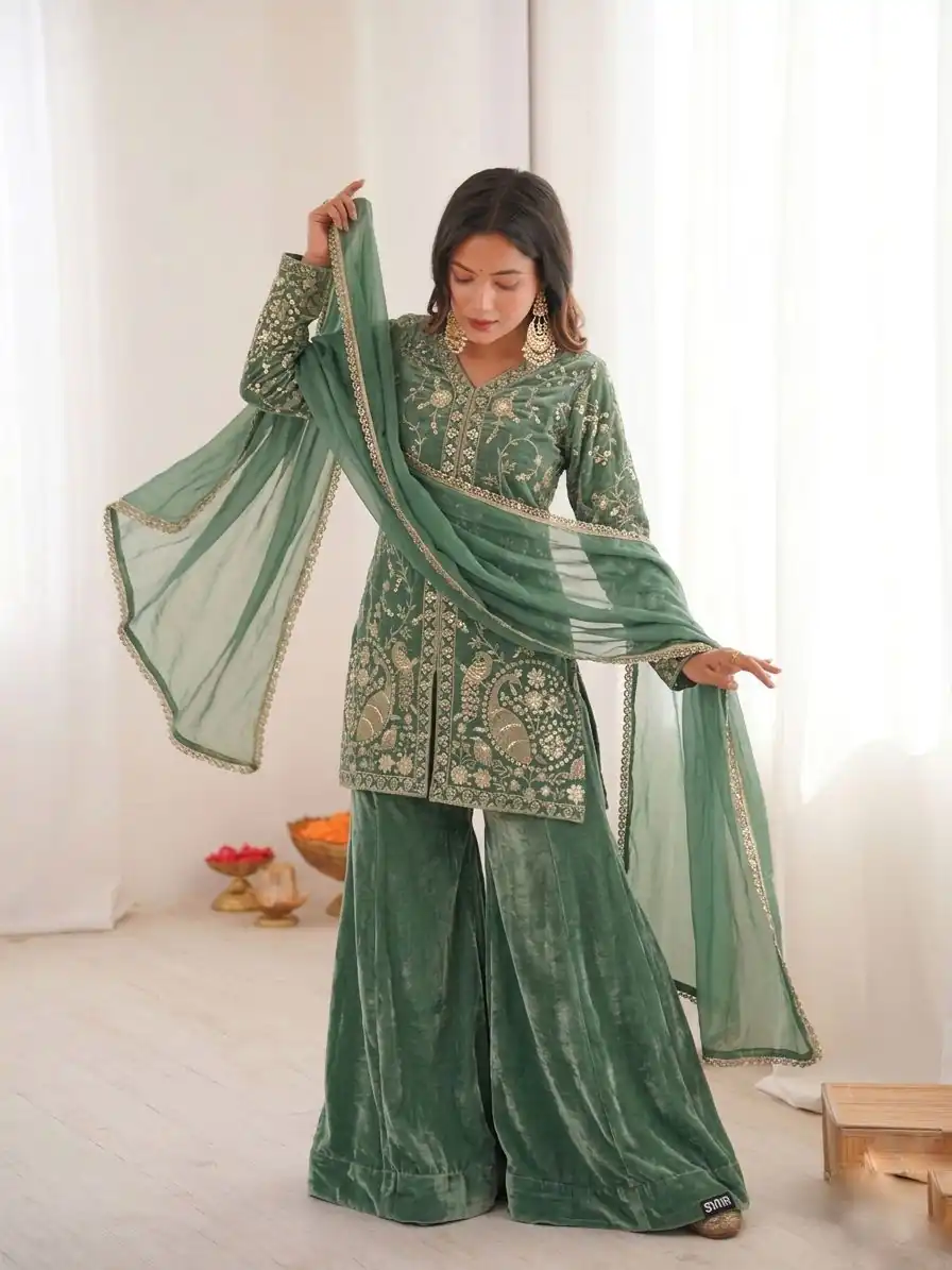 JF 043 Sea Green Pure Fendy Silk Salwar Suitwith Embroidery Work & Sequins Work. Exclusive Offer ₹1940. Delivery 4-6 Working Days. Shop now. | Jump Suits, Straight Suits, Casual Suits, Creative suits, Designer Suits, Palazzo Suits, Party Wear Suits, Patiala Suits, Salwar suit