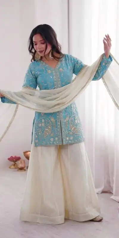 JF 043 Sky Blue Pure Fendy Silk Salwar Suitwith Embroidery Work & Sequins Work. Exclusive Offer ₹1940. Delivery 4-6 Working Days. Shop now. | Jump Suits, Straight Suits, Casual Suits, Creative suits, Designer Suits, Palazzo Suits, Party Wear Suits, Patiala Suits, Salwar suit