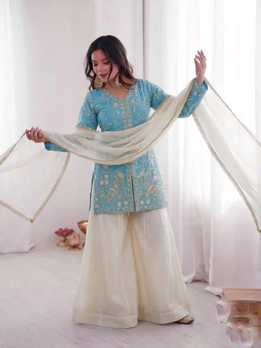 JF 043 Sky Blue Pure Fendy Silk Salwar Suitwith Embroidery Work & Sequins Work. Exclusive Offer ₹1940. Delivery 4-6 Working Days. Shop now. | Jump Suits, Straight Suits, Casual Suits, Creative suits, Designer Suits, Palazzo Suits, Party Wear Suits, Patiala Suits, Salwar suit