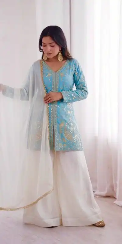 JF 043 Sky Blue Pure Fendy Silk Salwar Suitwith Embroidery Work & Sequins Work. Exclusive Offer ₹1940. Delivery 4-6 Working Days. Shop now. | Jump Suits, Straight Suits, Casual Suits, Creative suits, Designer Suits, Palazzo Suits, Party Wear Suits, Patiala Suits, Salwar suit