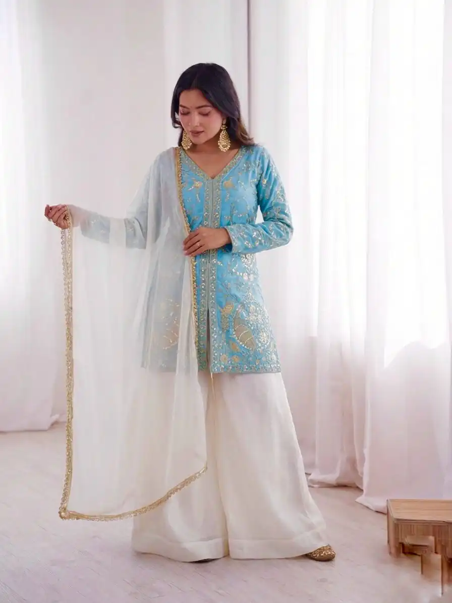 JF 043 Sky Blue Pure Fendy Silk Salwar Suitwith Embroidery Work & Sequins Work. Exclusive Offer ₹1940. Delivery 4-6 Working Days. Shop now. | Jump Suits, Straight Suits, Casual Suits, Creative suits, Designer Suits, Palazzo Suits, Party Wear Suits, Patiala Suits, Salwar suit