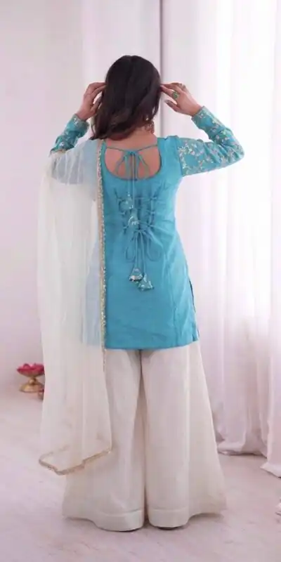JF 043 Sky Blue Pure Fendy Silk Salwar Suitwith Embroidery Work & Sequins Work. Exclusive Offer ₹1940. Delivery 4-6 Working Days. Shop now. | Jump Suits, Straight Suits, Casual Suits, Creative suits, Designer Suits, Palazzo Suits, Party Wear Suits, Patiala Suits, Salwar suit