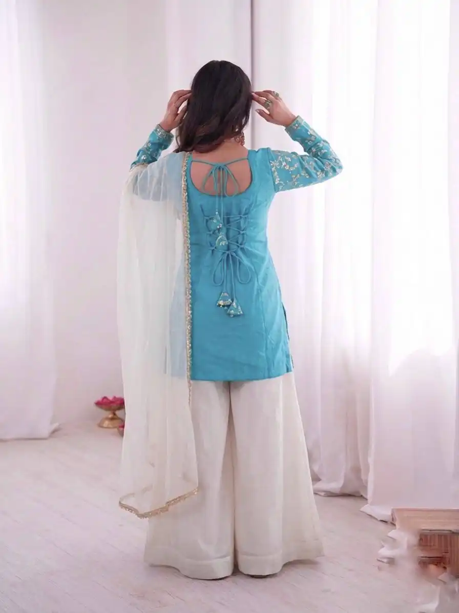 JF 043 Sky Blue Pure Fendy Silk Salwar Suitwith Embroidery Work & Sequins Work. Exclusive Offer ₹1940. Delivery 4-6 Working Days. Shop now. | Jump Suits, Straight Suits, Casual Suits, Creative suits, Designer Suits, Palazzo Suits, Party Wear Suits, Patiala Suits, Salwar suit