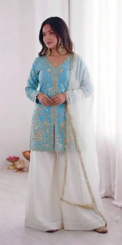 JF 043 Sky Blue Pure Fendy Silk Salwar Suitwith Embroidery Work & Sequins Work. Exclusive Offer ₹1940. Delivery 4-6 Working Days. Shop now. | Jump Suits, Straight Suits, Casual Suits, Creative suits, Designer Suits, Palazzo Suits, Party Wear Suits, Patiala Suits, Salwar suit