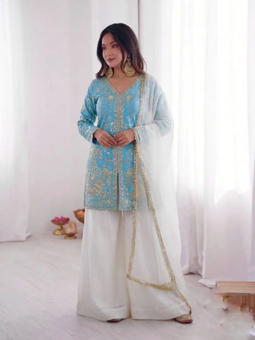JF 043 Sky Blue Pure Fendy Silk Salwar Suitwith Embroidery Work & Sequins Work. Exclusive Offer ₹1940. Delivery 4-6 Working Days. Shop now. | Jump Suits, Straight Suits, Casual Suits, Creative suits, Designer Suits, Palazzo Suits, Party Wear Suits, Patiala Suits, Salwar suit